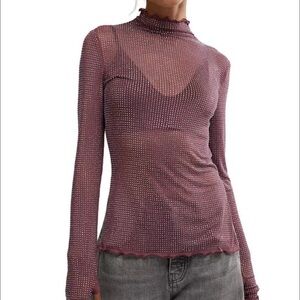NWT Free People-Dance All Night-Sheer Embellished Mesh-Mock Neck-LS Fitted Top